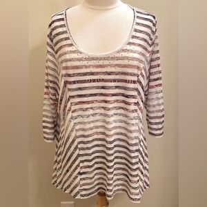 Emerald White Grey Red Striped Embellishment 3/4” Sleeves Casual Top Size XXL